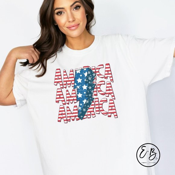 Trendy Patriotic America Stars Stripes Lightning Bolt USA July 4th Graphic Tee - Picture 4 of 5